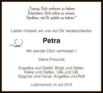 Todesanzeige von Petra  von MZV