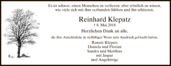 Todesanzeige von Reinhard Klepatz von MZV