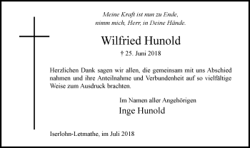 Todesanzeige von Wilfried Hunold von MZV