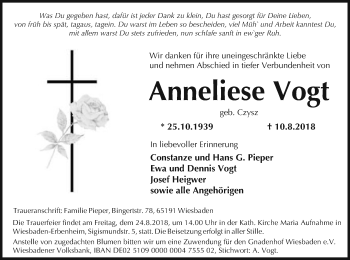 Todesanzeige von Anneliese Vogt von MZV