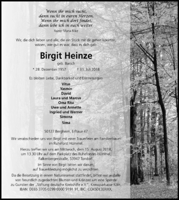 Todesanzeige von Birgit Heinze von MZV
