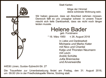 Todesanzeige von Helene Bader von MZV