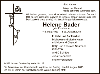 Todesanzeige von Helene Bader von MZV