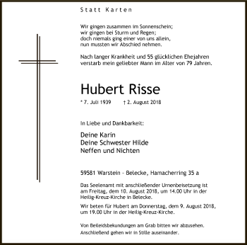 Todesanzeige von Hubert Risse von MZV