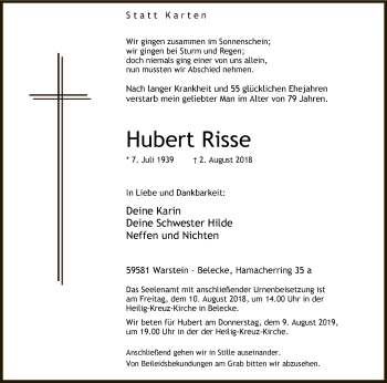 Todesanzeige von Hubert Risse von MZV