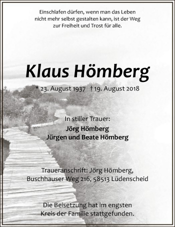 Todesanzeige von Klaus Hömberg von MZV