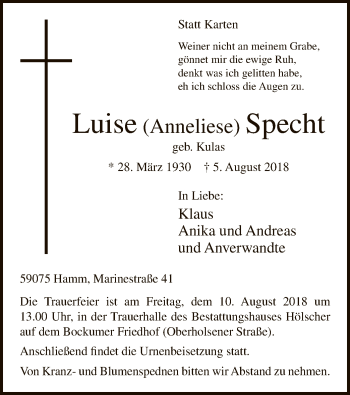 Todesanzeige von Luise Anneliese Specht von MZV