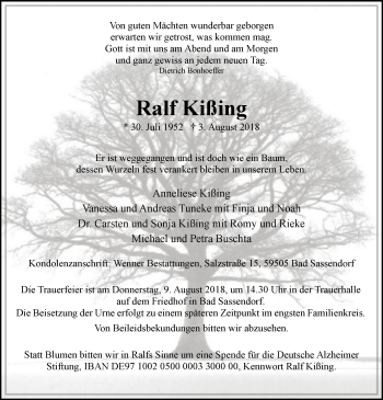 Todesanzeige von Ralf Kißing von MZV