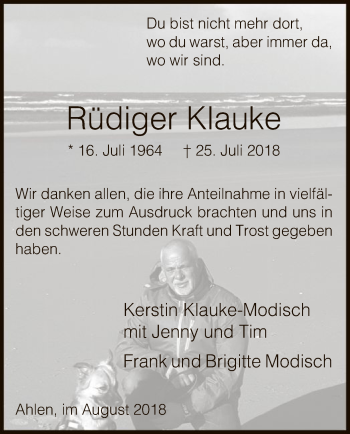 Todesanzeige von Rüdiger Klauke von MZV