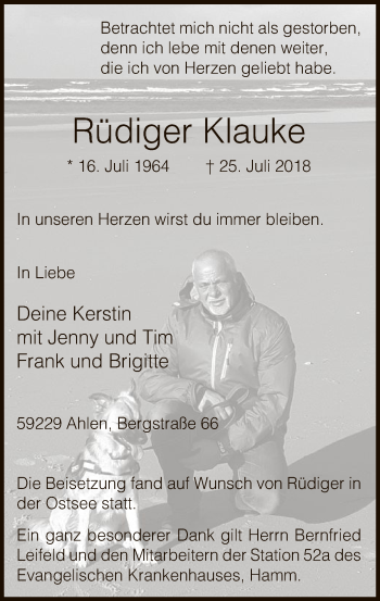 Todesanzeige von Rüdiger Klauke von MZV