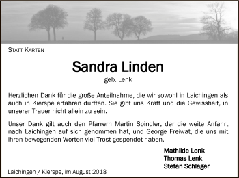 Todesanzeige von Sandra Linden von MZV