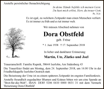 Todesanzeige von Dora Obstfeld von MZV