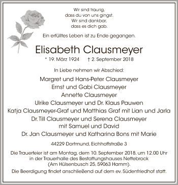 Todesanzeige von Elisabeth Clausmeyer von MZV