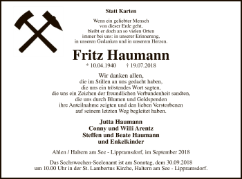 Todesanzeige von Fritz Haumann von MZV