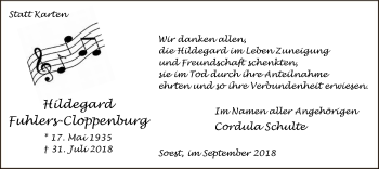 Todesanzeige von Hildegard Fuhlers-Cloppenburg von MZV