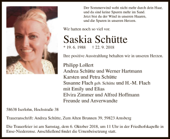 Todesanzeige von Saskia Schütte von MZV