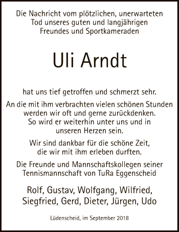 Todesanzeige von Uli Arndt von MZV