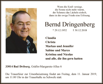 Todesanzeige von Bernd Dringenberg von MZV