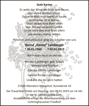 Todesanzeige von Bernd Leinberger von MZV