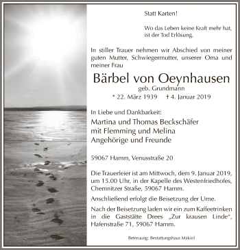 Todesanzeige von Bärbel von Oeynhausen von MZV