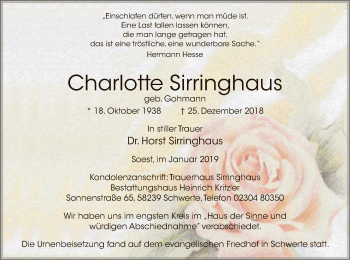 Todesanzeige von Charlotte Sirringhaus von MZV