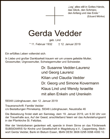 Todesanzeige von Gerda Vedder von MZV