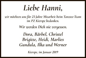 Todesanzeige von Hanni  von MZV