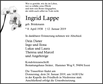 Todesanzeige von Ingrid Lappe von MZV
