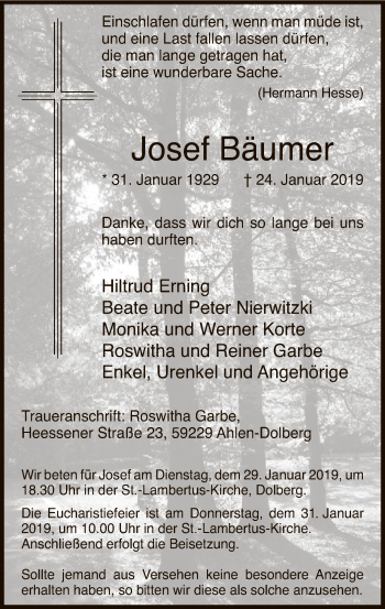 Todesanzeige von Josef Bäumer von MZV