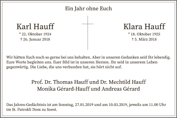 Todesanzeige von Karl und Klara Hauff von MZV