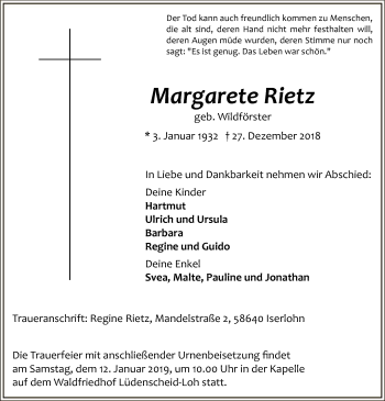 Todesanzeige von Margarete Rietz von MZV