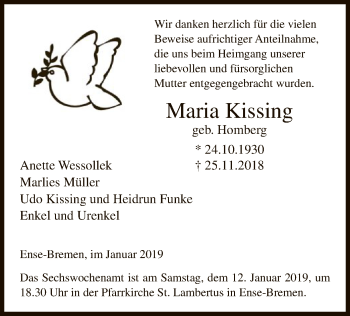 Todesanzeige von Maria Kissing von MZV