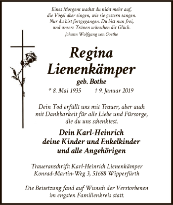 Todesanzeige von Regina Lienenkämper von MZV