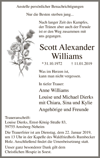 Todesanzeige von Scott Alexander Williams von MZV