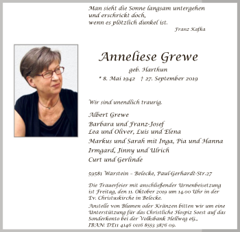 Todesanzeige von Anneliese Grewe von MZV