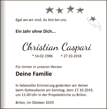 Todesanzeige von Christian Caspari von MZV