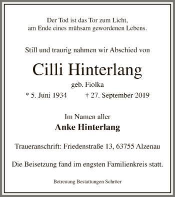 Todesanzeige von Cilli Hinterlang von MZV
