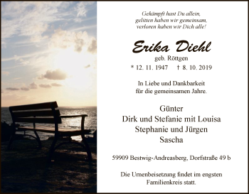 Todesanzeige von Erika Diehl von MZV