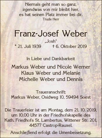 Todesanzeige von Franz-Josef Weber von MZV