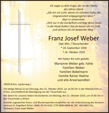 Todesanzeige von Franz Josef Weber von MZV