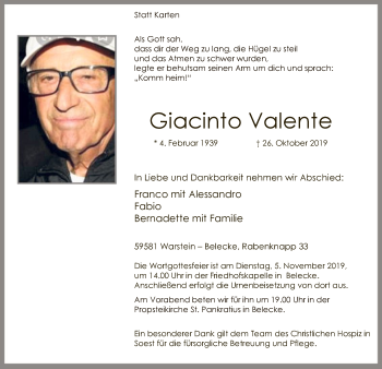 Todesanzeige von Giacinto Valente von MZV