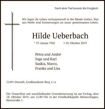Todesanzeige von Hilde Ueberbach von MZV