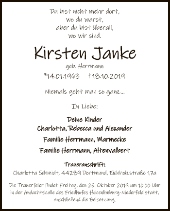 Todesanzeige von Kirsten Janke von MZV