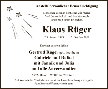 Todesanzeige von Klaus Rüger von MZV
