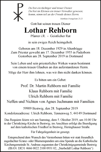 Todesanzeige von Lothar Rehborn von MZV