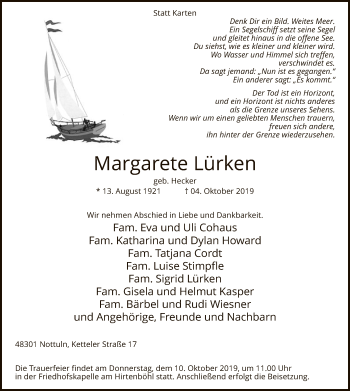 Todesanzeige von Margarete Lürken von MZV