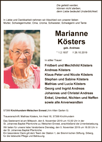Todesanzeige von Marianne Kösters von MZV