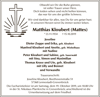 Todesanzeige von Matthias Kloubert von MZV