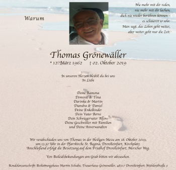 Todesanzeige von Thomas Grönewäller von MZV