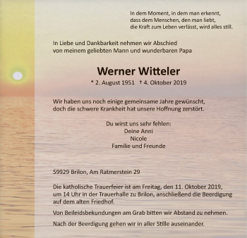 Todesanzeige von Werner Witteler von MZV